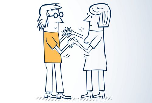 La personne concerné donne ses mains à la personne qui communique avec lui.